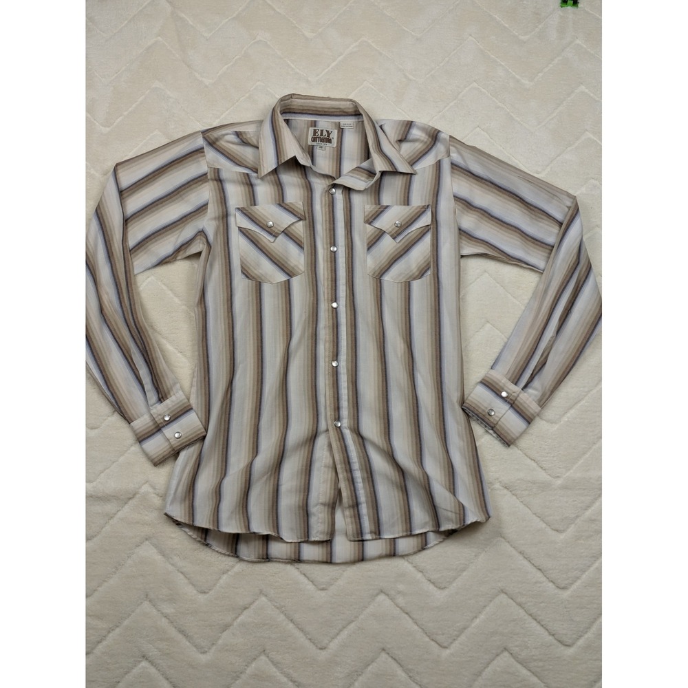 Ely Cattleman Mens Striped Western Pearl Snap Shirt Tan Brown Blue Size 16